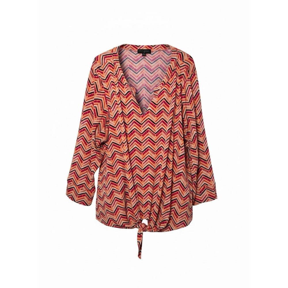 Investments‎ II Blouse Womens 3X Orange Pink Chevron Zigzag Tie Front V-Neck Top